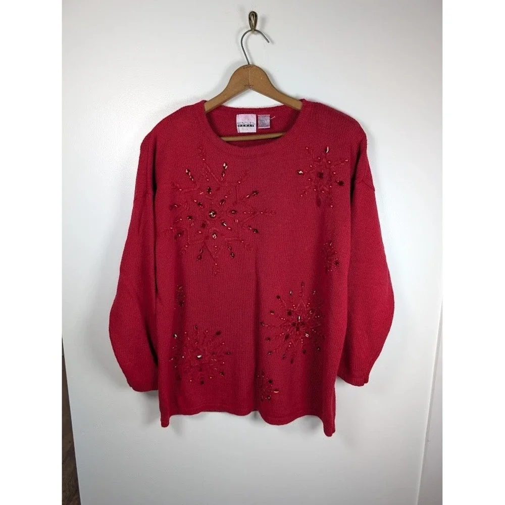 Holiday Christmas Sweater Size 20W 2X Embroidered Beaded Winter Snowflakes Knit